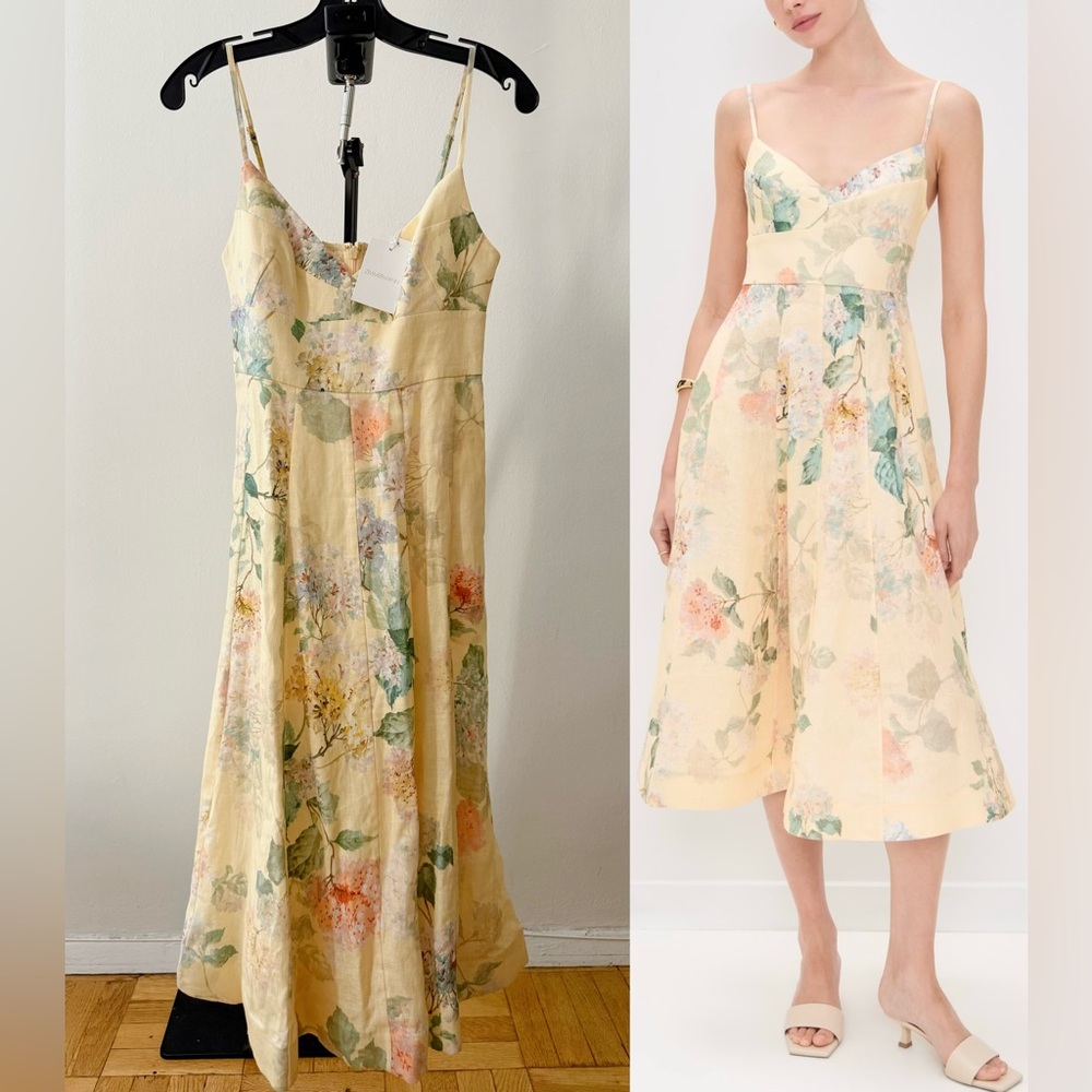 NWT Zimmermann Dress|Zimmermann Illuminate Midi Dress Linen Floral (AU 1/US 6)
